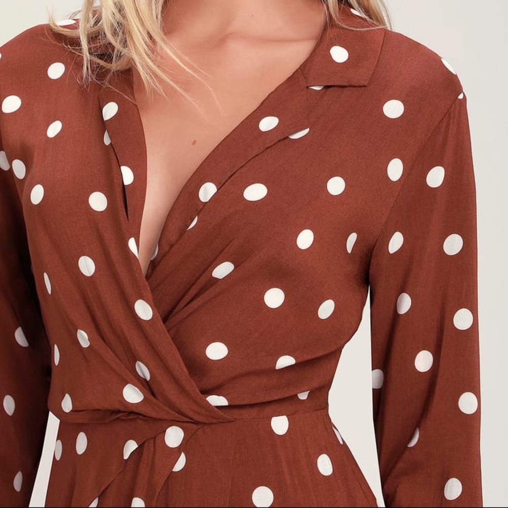Rust Brown Polka Dot Surplice Mini Dress Small - Picture 4 of 6